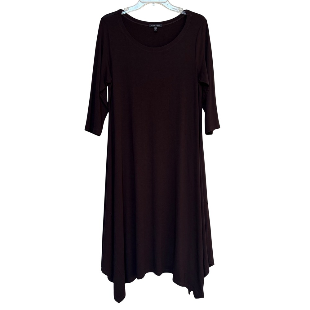 Eileen‎ Fisher Brown Sharkbite Midi Dress Medium quiet luxury Stretch Lagenlook
